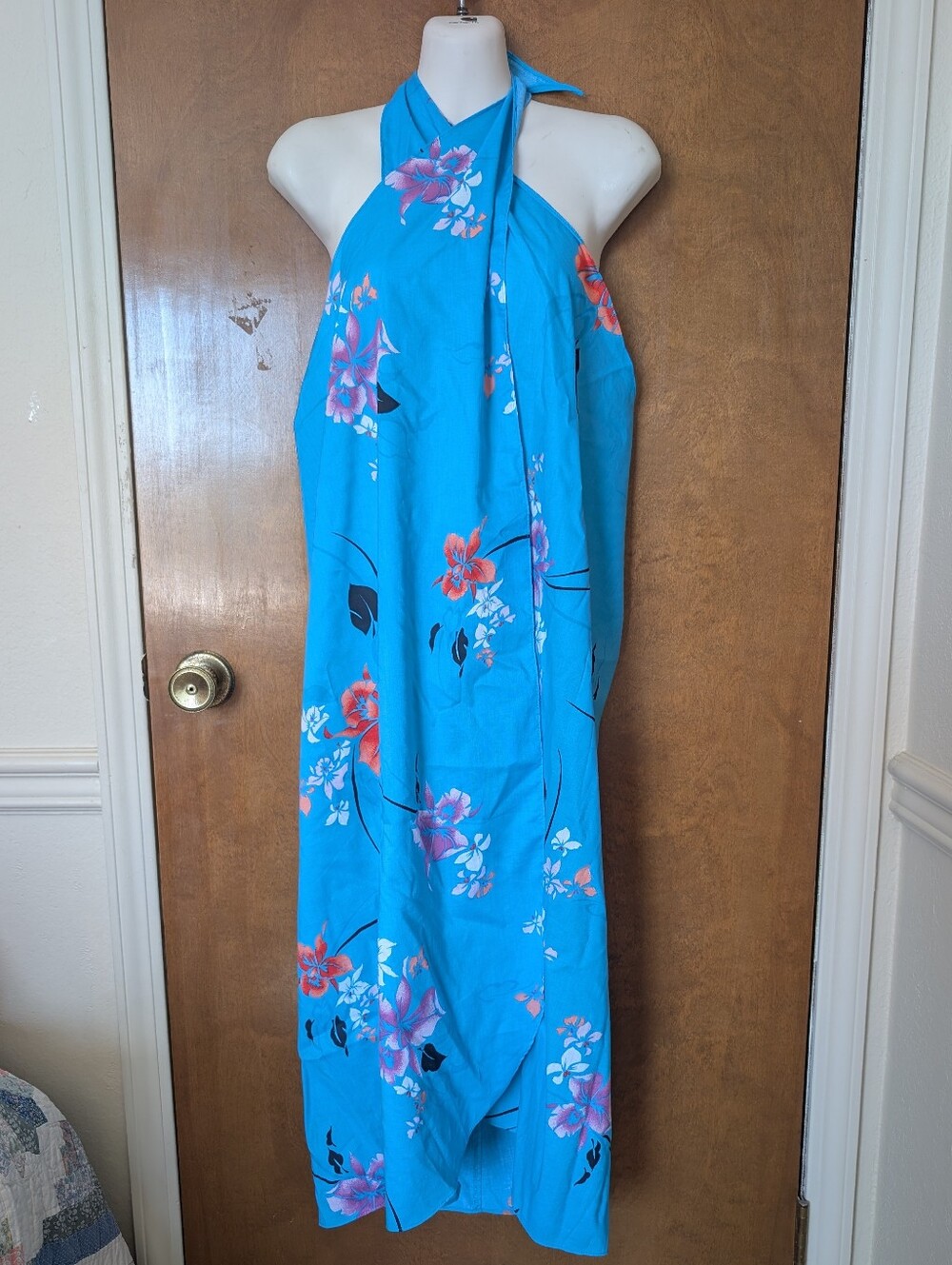 Vtg Hilo Hattie Aqua Blue Floral Hawaiian Sarong Halter Dress Beach Cover-up